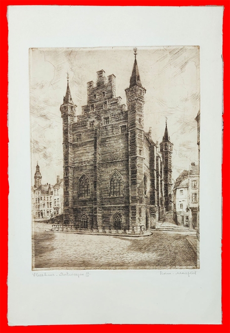 Belgische etser R. Malfliet met een Antwerpse ets