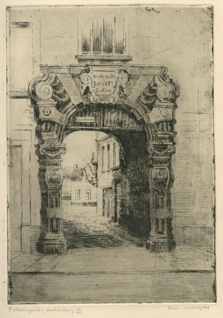 Belgische etser R. Malfliet met een stadsgezicht