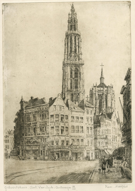 Belgische etser R. Malfliet met een ets van een huis