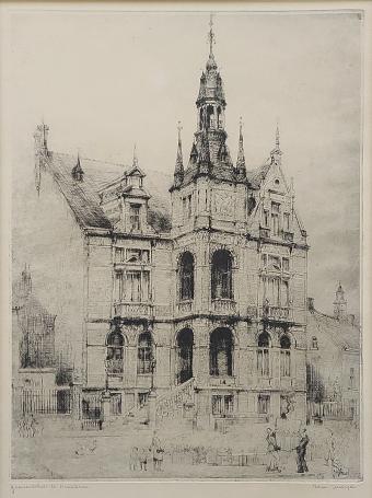 Belgische etser R. Malfliet met een ets van Hemiksem