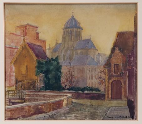 Belgische schilder R. Malfliet met een Mechelse kerk