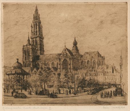 Belgische etser Romain Malfliet met een ets van Antwerpen