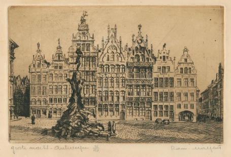 Belgische etser R. Malfliet met een Antwerpse ets