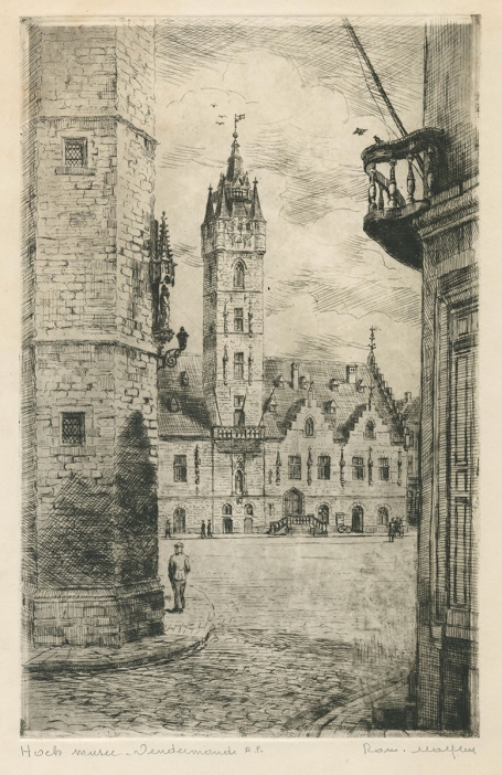 Belgische etser R. Malfliet met een ets van Dendermonde