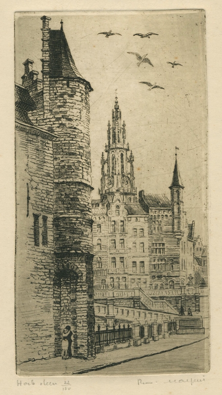 Belgische etser R. Malfliet met een ets van het Steen