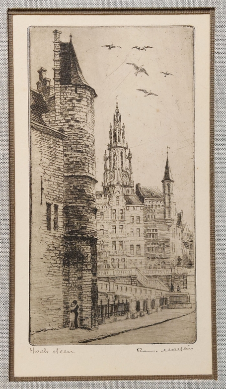 Belgische etser R. Malfliet met een ets van het Steen