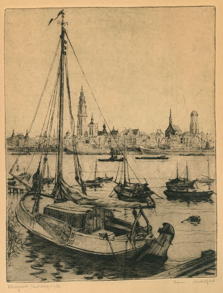 Belgische etser R. Malfliet met een ets van linkeroever