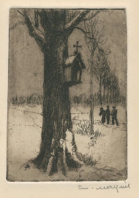 Belgische etser R. Malfliet met een ets van een kappelletje