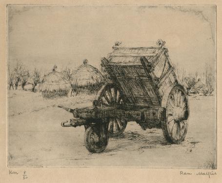 Belgische etser R. Malfliet met een ets van een kar