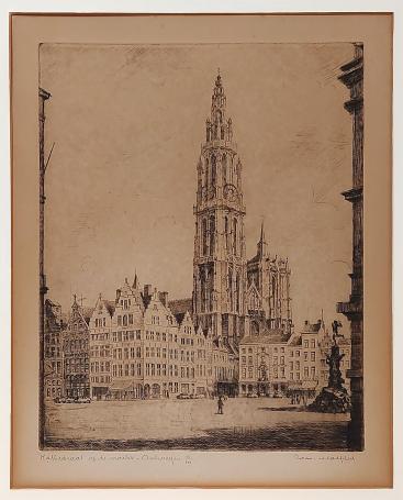 Belgische etser R. Malfliet met een grote ets