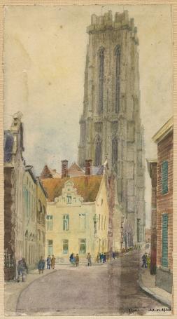 Belgische schilder R. Malfliet met een Mechelse aquarel