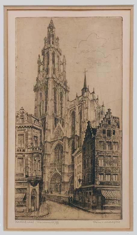 Belgische etser R. Malfliet met een Antwerpse ets