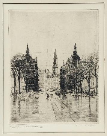 Belgische etser R. Malfliet met een ets van Antwerpen