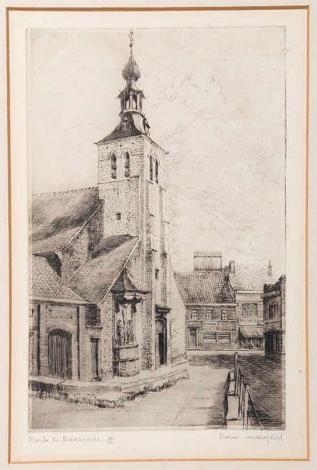 Belgische etser R. Malfliet met een ets van Baasrode