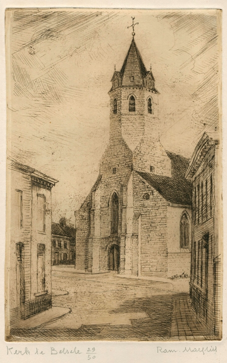 Belgische etser R. Malfliet met een ets van een kerk