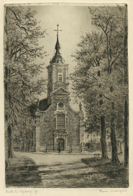 Belgische etser R. Malfliet met een ets van de kerk te Opdorp
