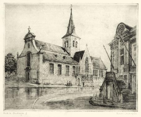 Belgische etser R. Malfliet met een grote ets van een kerk