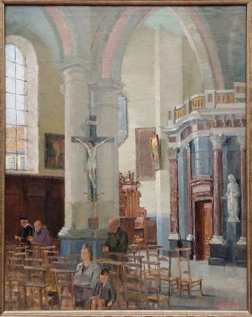 Belgische schilder R. Malfliet met een olieverfschilderij van een interieur