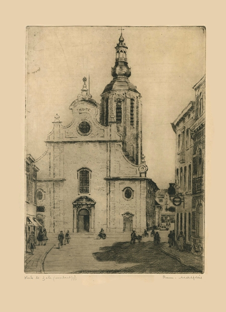 Belgische etser R. Malfliet met een ets van Zele