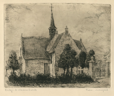 Belgische etser R. Malfliet met Kerkje te Vlassenbroeck