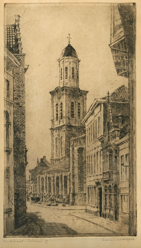 Gesigneerde ets van Kerkstraat te Lokeren