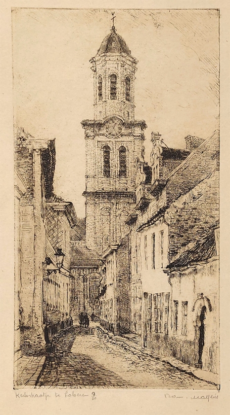 Belgische etser R. Malfliet met een ets van Lokeren