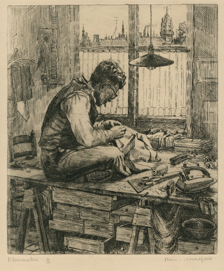 Belgische etser R. Malfliet met een ets, kleermaker