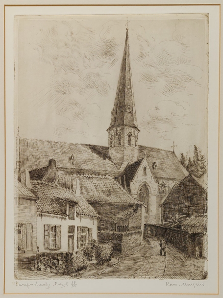 Belgische etser R. Malfliet met een ets van straatje te Bazel