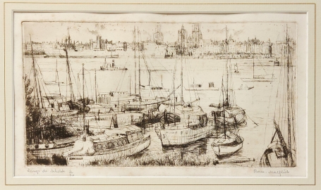 Belgische etser R. Malfliet met een ets van de Schelde