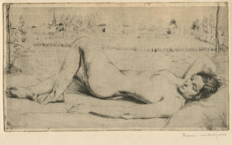 Belgische etser Romain Malfliet met een ets van naakte dame