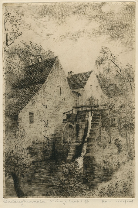 Belgische etser R. Malfliet met een ets van St Denijs Baekel