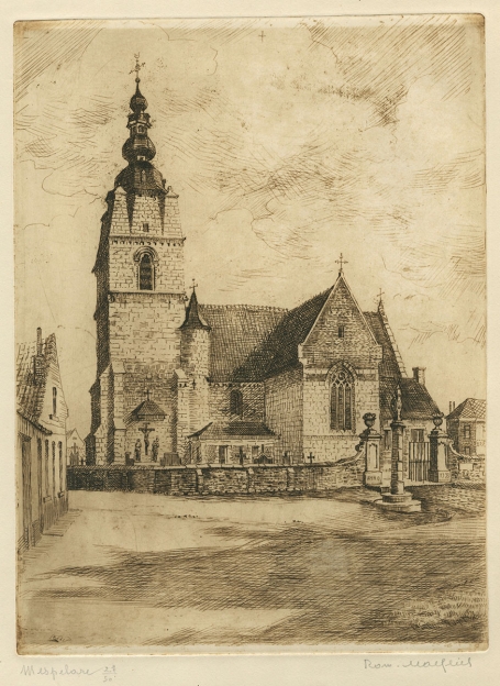 Belgische etser R. Malfliet met een ets van een kerk