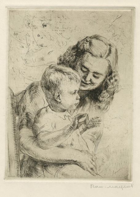 Belgische etser R. Malfliet met een ets van een moeder met kind etsje
