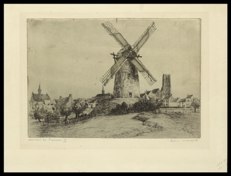 Belgische etser R. Malfliet met een ets van een molen