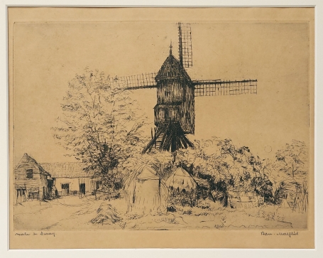 Belgische etser R. Malfliet met een ets van een molen