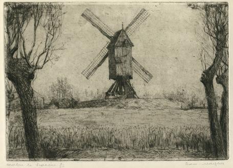 Belgische etser R. Malfliet met een ets van een molen