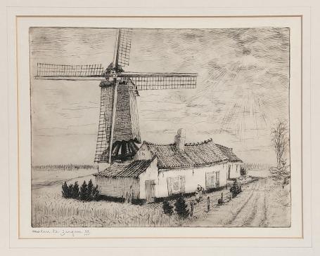 Belgische etser R. Malfliet met een ets van Zingem