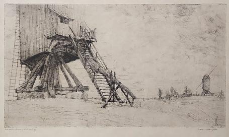 Belgische etser R. Malfliet met een ets van twee molens