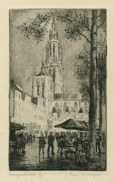 Belgische etser R. Malfliet met een Antwerpse ets