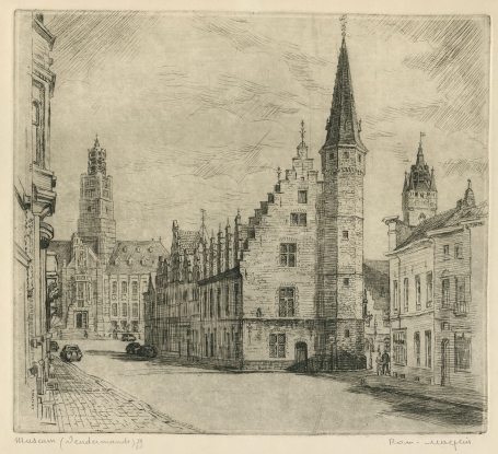Belgische etser R. Malfliet met een ets van Dendermonde