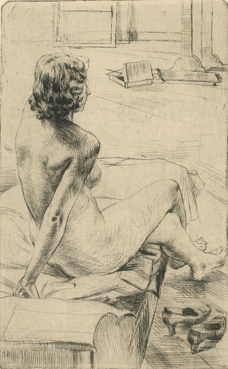 Belgische etser R. Malfliet met een ets naakte dame