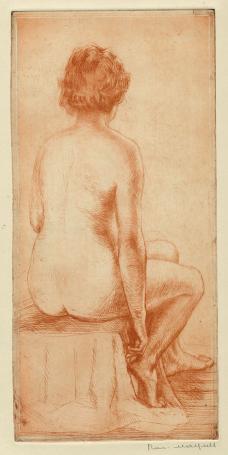 Belgische etser R. Malfliet met een ets in sanguine