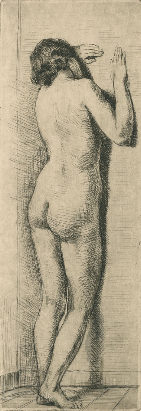 Belgische etser R. Malfliet met een naakt ets