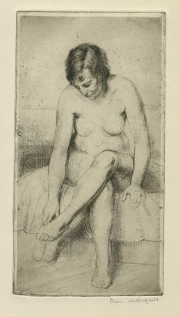 Belgische etser R. Malfliet met een ets naakte dame