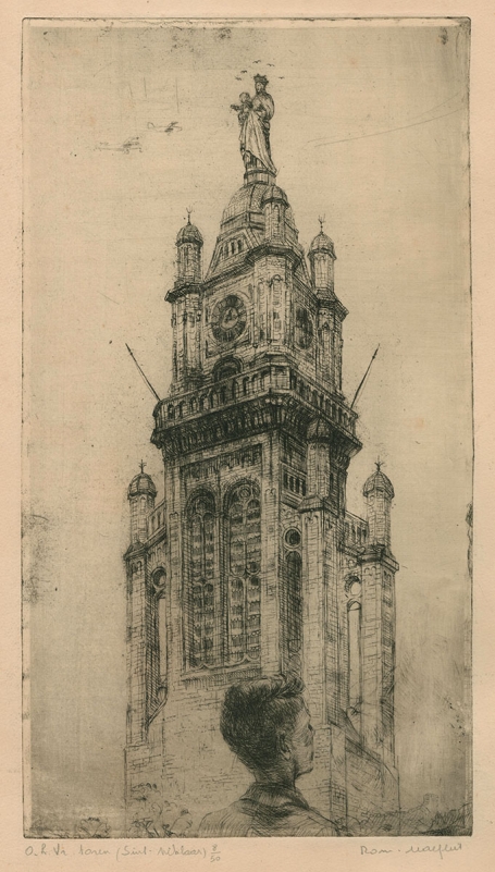 Belgische etser R. Malfliet met een ets van een kerktoren