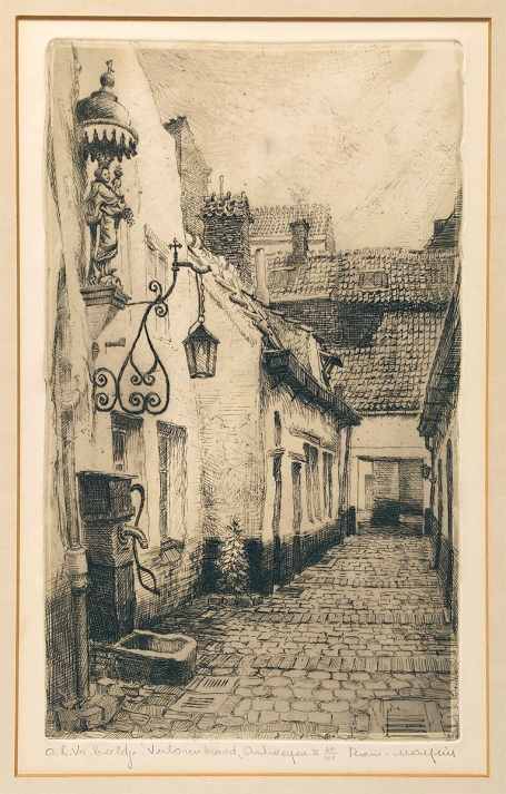 Belgische etser R. Malfliet met een ets van steegje in A'pen
