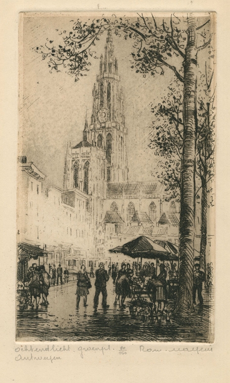 Belgische etser R. Malfliet met een Antwerpse ets