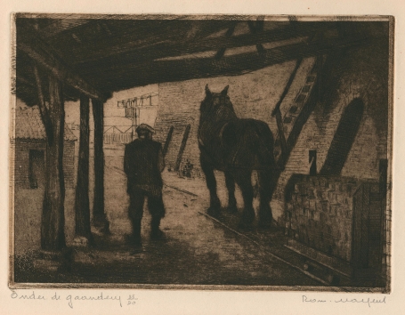 Belgische etser R. Malfliet met een ets met paard