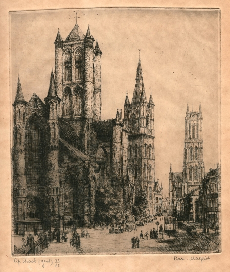 Belgische etser R. Malfliet met een Gentse ets