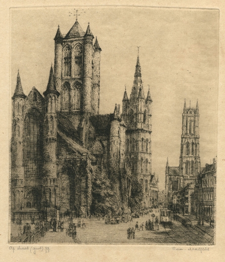 Belgische etser R. Malfliet met een Gentse ets